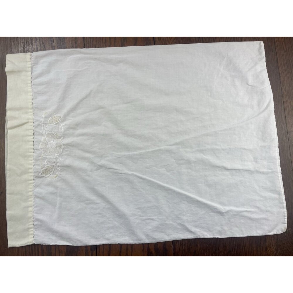 Vtg Pillowcase White & Yellow Embroidered Floral Design 18.5" X 26" Cottage Core